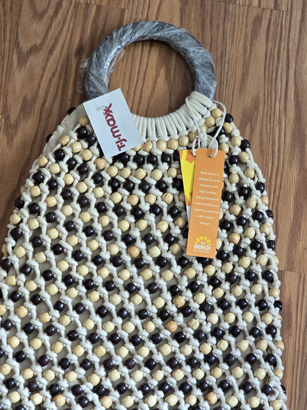 T.J. Maxx Cream Macramé Tote with Dark Brown & Tan Beads